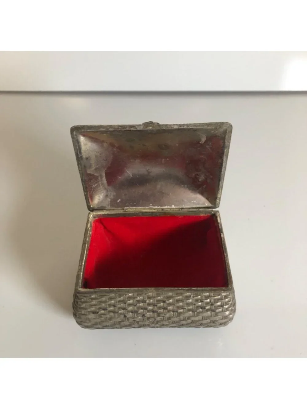 Vintage Silver Plated Jewelry Box Made in Japan Basket Weave Floral Trinket Cask